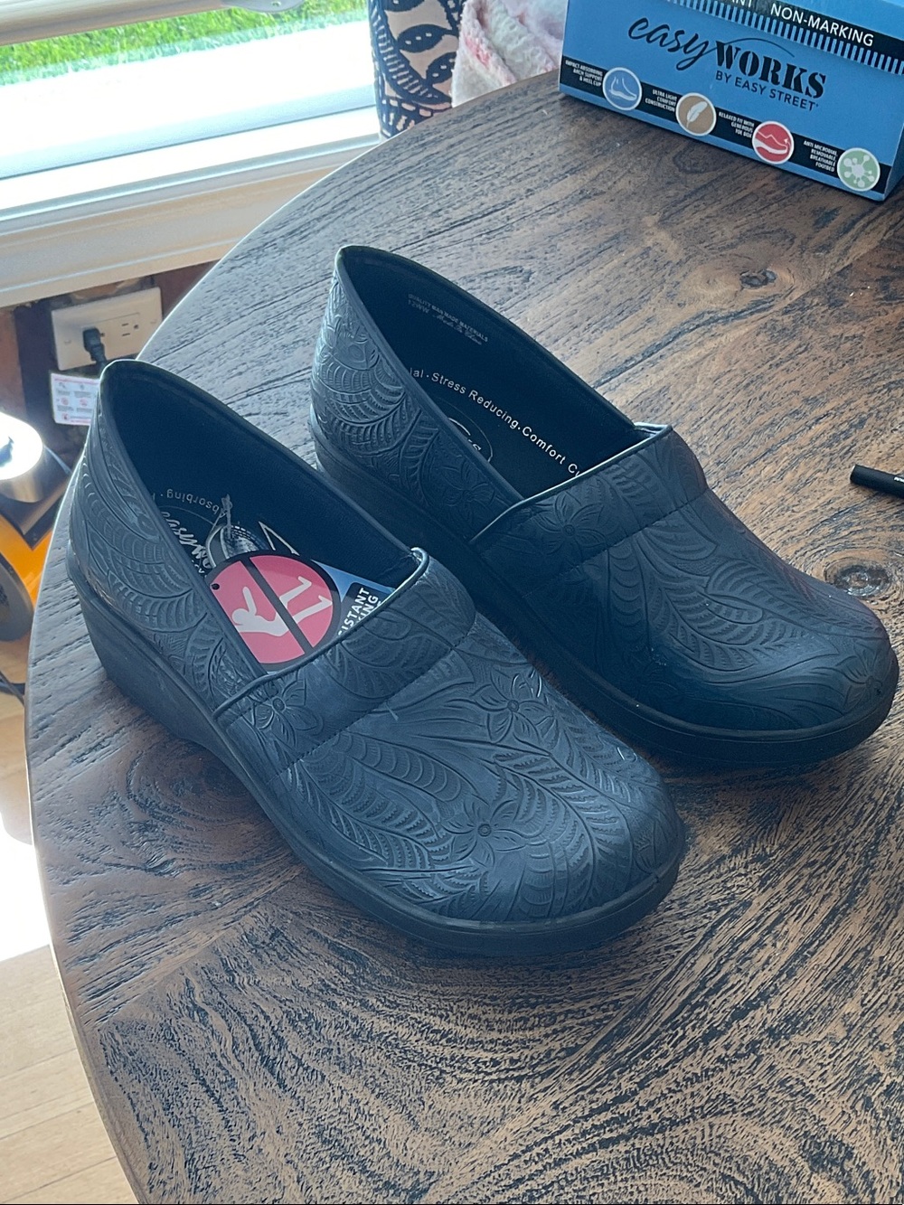 Easy Works by easy street Navy Floral-Embossed Slip-On Comfort Clogs